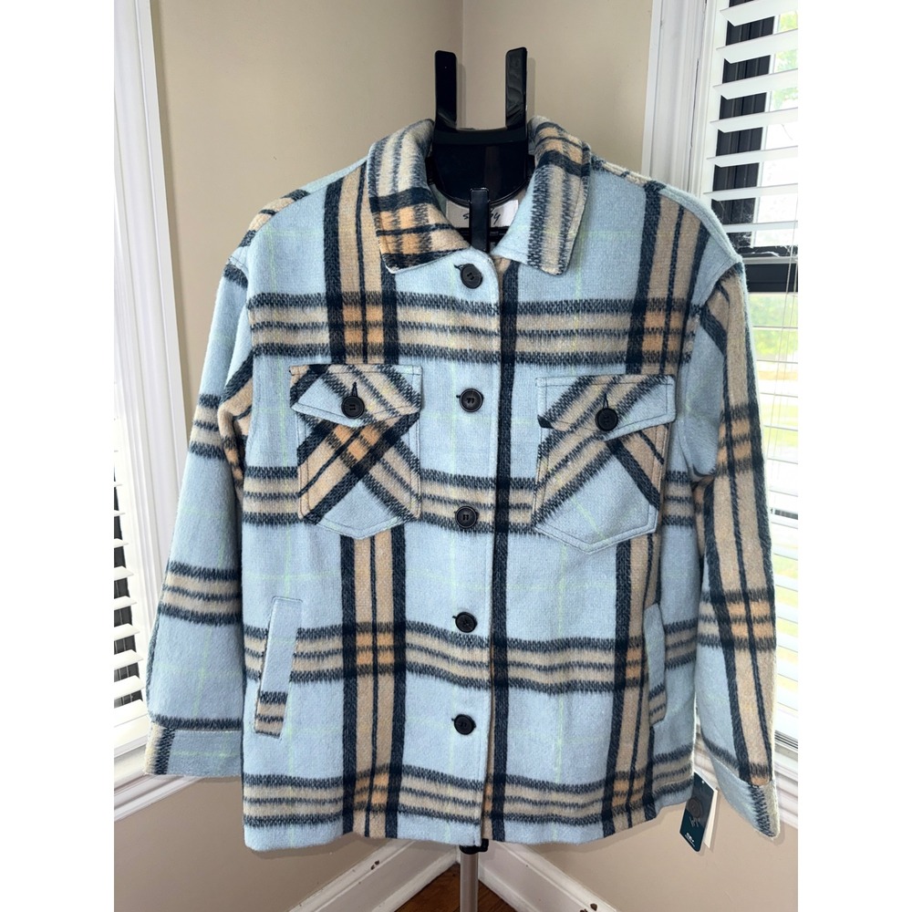 Sebby Collection Womens Plaid Shacket Blue Orange Wool Blend Jacket SW3132 L NWT
